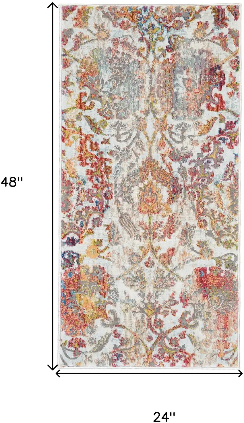 Ivory Gray and Orange Floral Distressed Non Skid Area Rug Photo 3