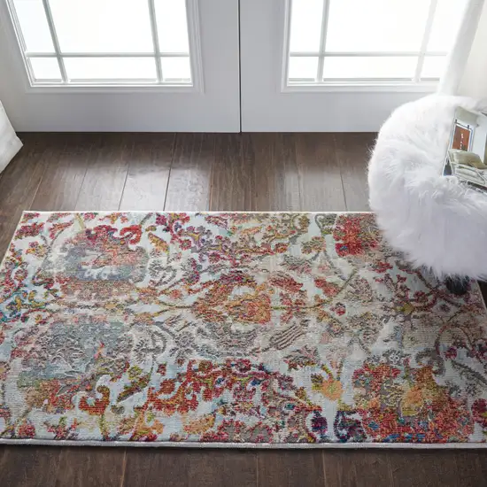 Ivory Gray and Orange Floral Distressed Non Skid Area Rug Photo 3