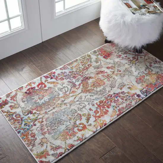 Ivory Gray and Orange Floral Distressed Non Skid Area Rug Photo 4