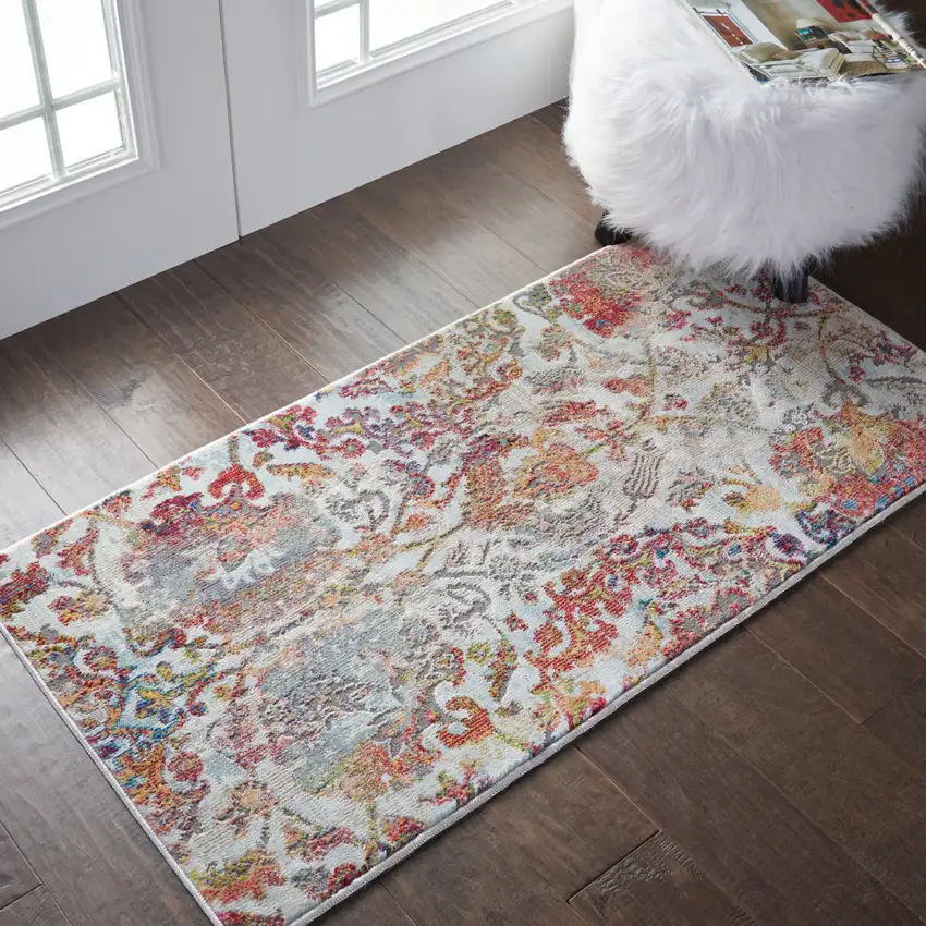 Ivory Gray and Orange Floral Distressed Non Skid Area Rug Photo 4