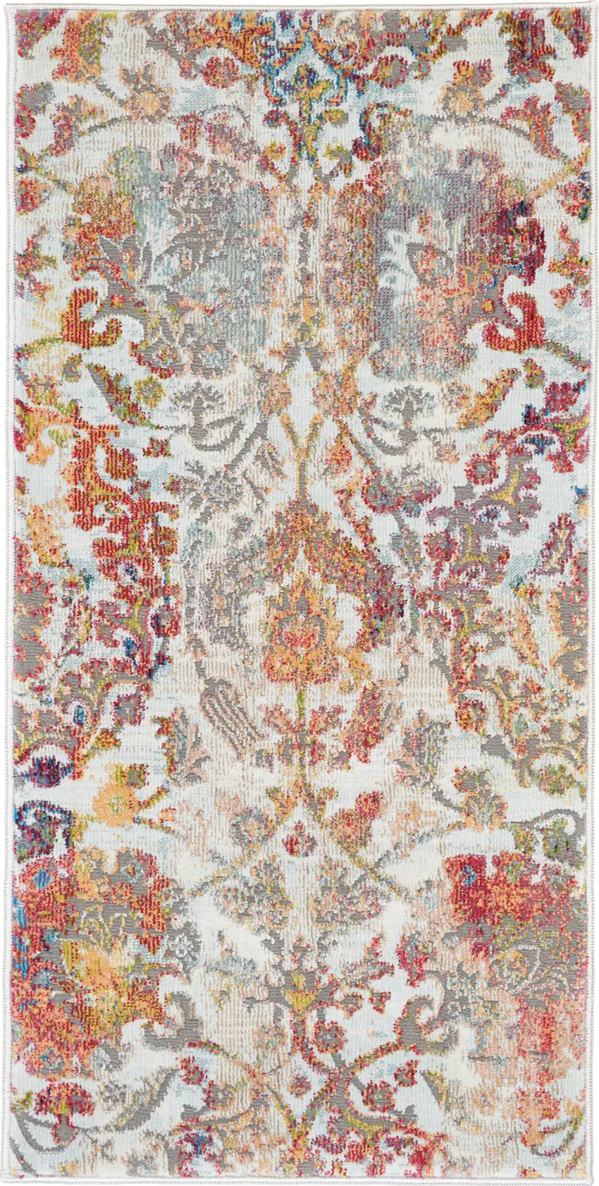 Ivory Gray and Orange Floral Distressed Non Skid Area Rug Photo 2