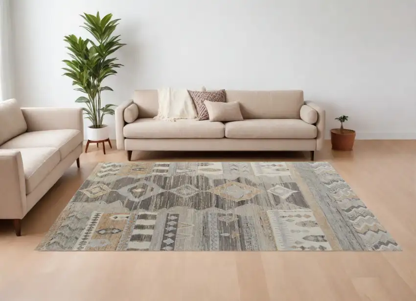 Ivory Gray and Orange Wool Moroccan Hand Knotted Area Rug Photo 1