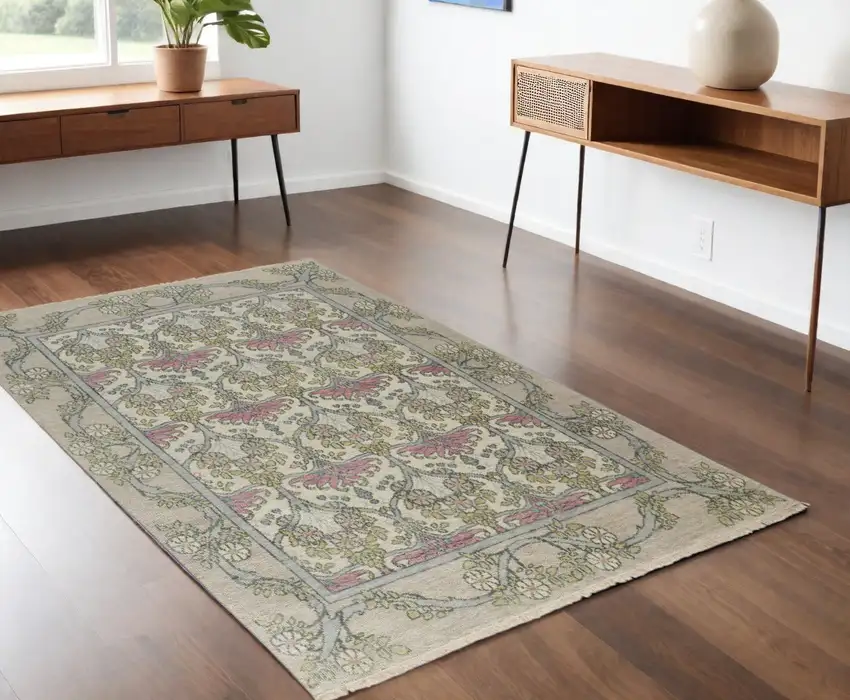Ivory Gray and Pink Wool Floral Hand Knotted Area Rug Photo 1