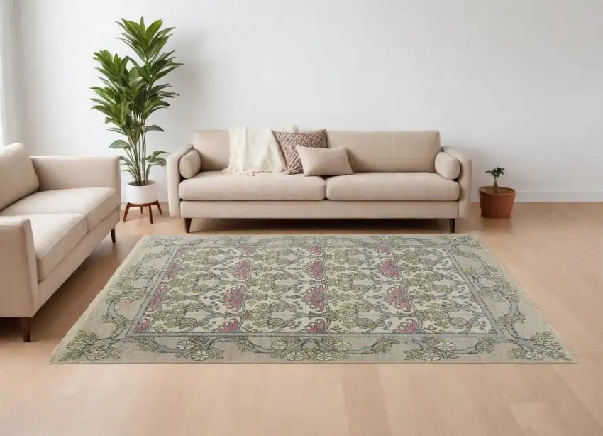 Ivory Gray and Pink Wool Floral Hand Knotted Area Rug Photo 1