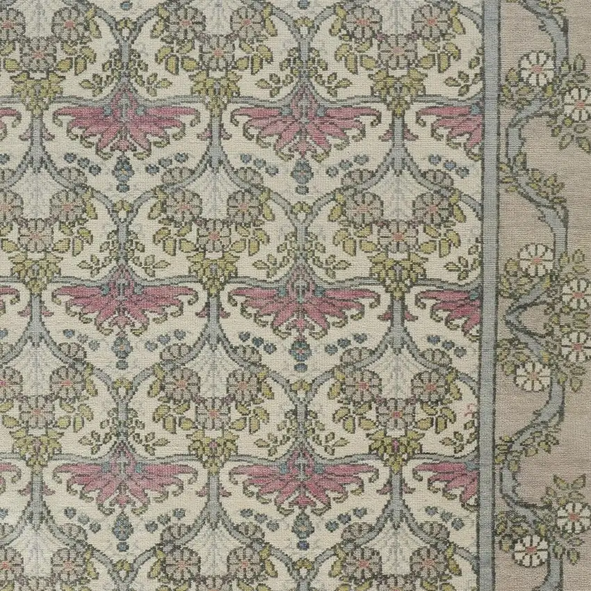 Ivory Gray and Pink Wool Floral Hand Knotted Area Rug Photo 9