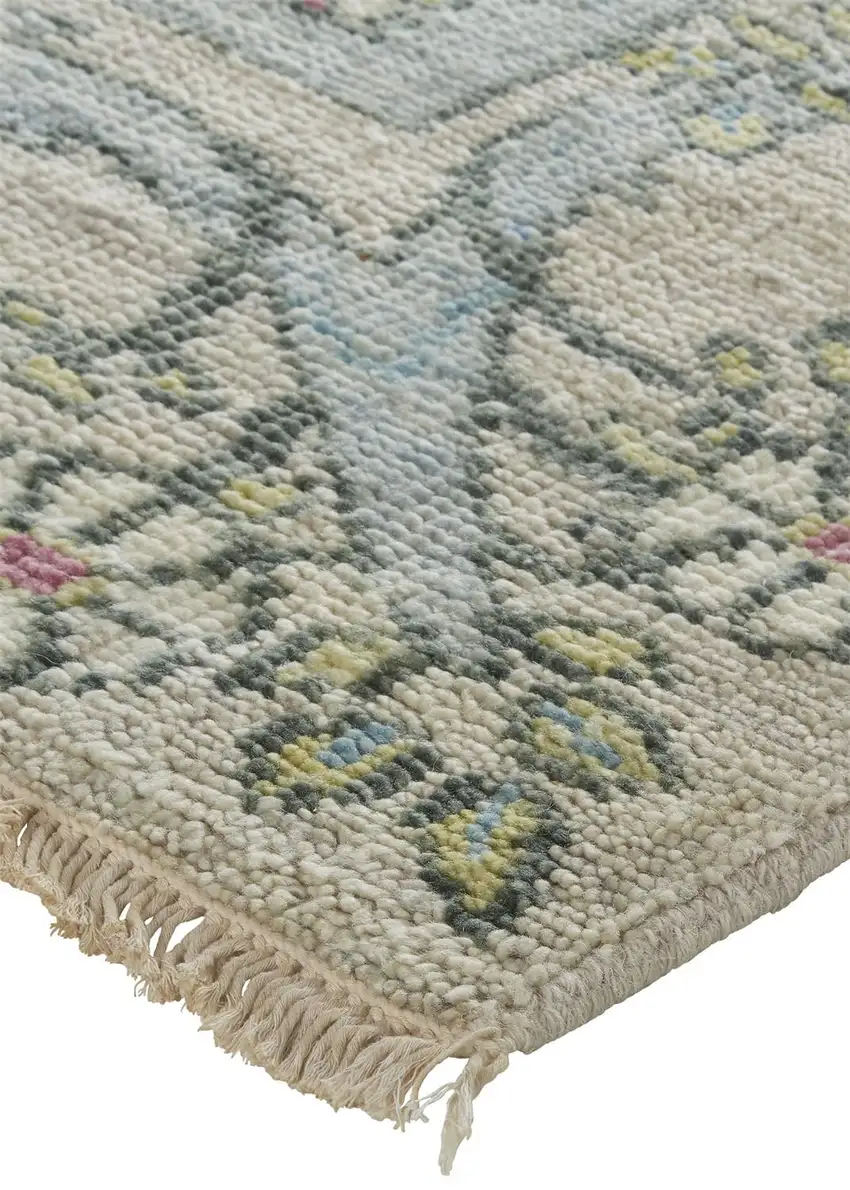 Ivory Gray and Pink Wool Floral Hand Knotted Area Rug Photo 6