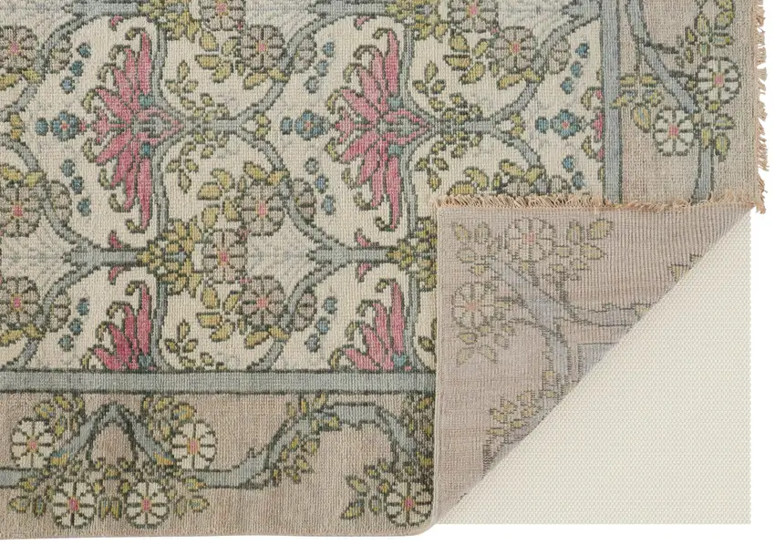 Ivory Gray and Pink Wool Floral Hand Knotted Area Rug Photo 8