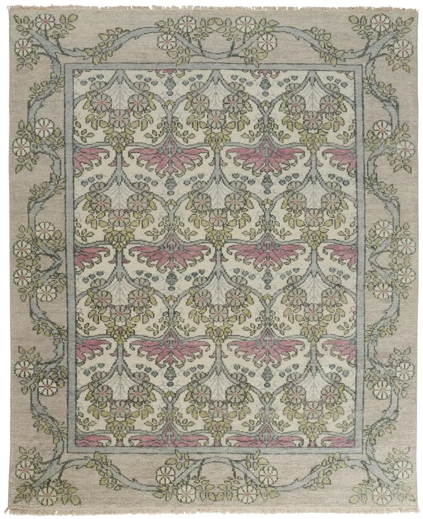 Ivory Gray and Pink Wool Floral Hand Knotted Area Rug Photo 4