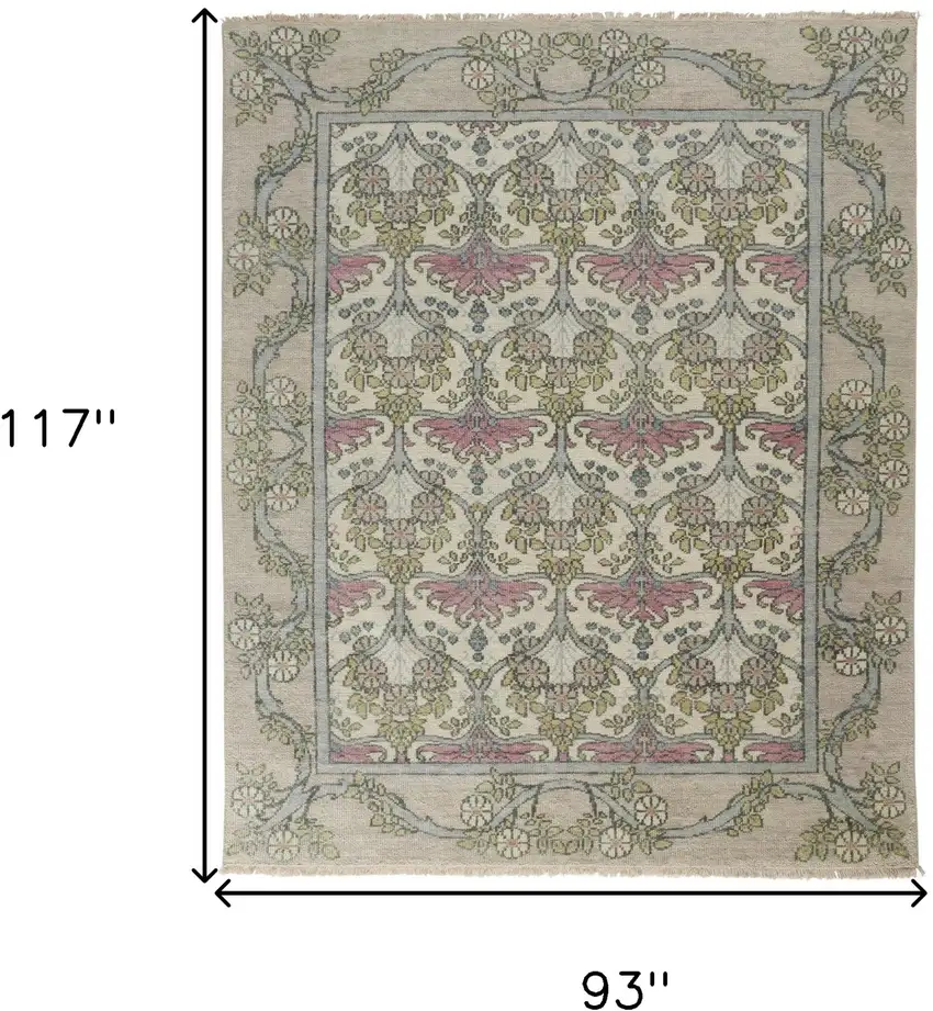 Ivory Gray and Pink Wool Floral Hand Knotted Area Rug Photo 3
