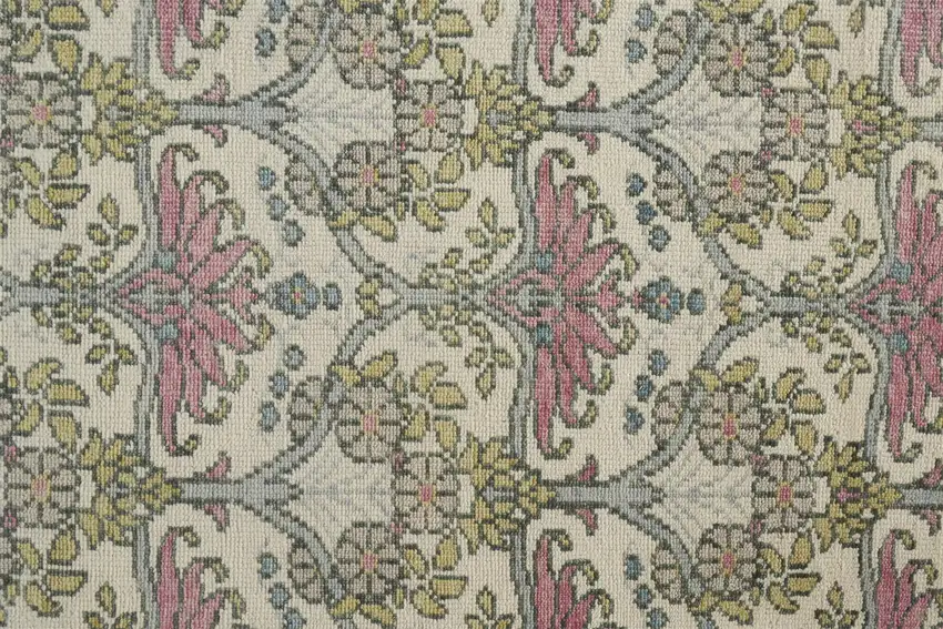 Ivory Gray and Pink Wool Floral Hand Knotted Area Rug Photo 9