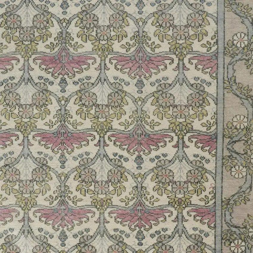 Ivory Gray and Pink Wool Floral Hand Knotted Area Rug Photo 5