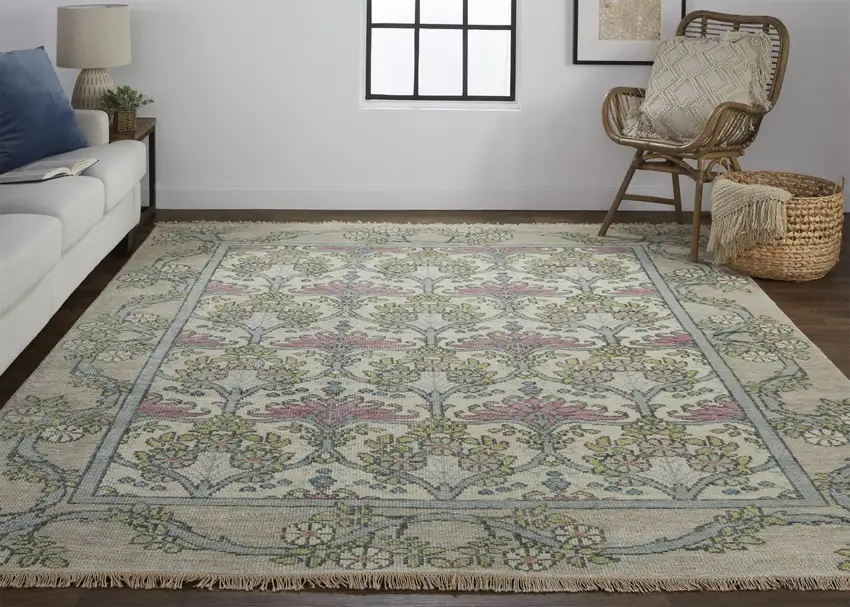 Ivory Gray and Pink Wool Floral Hand Knotted Area Rug Photo 6