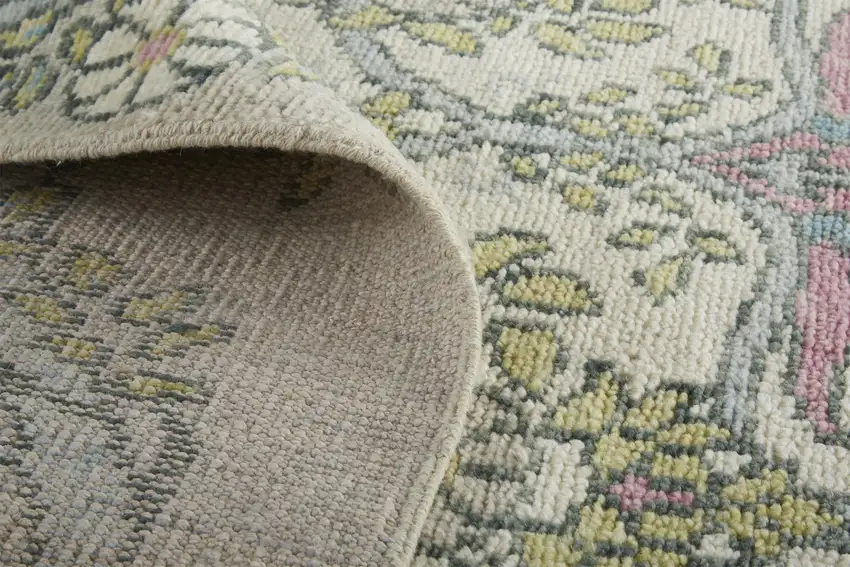 Ivory Gray and Pink Wool Floral Hand Knotted Area Rug Photo 4
