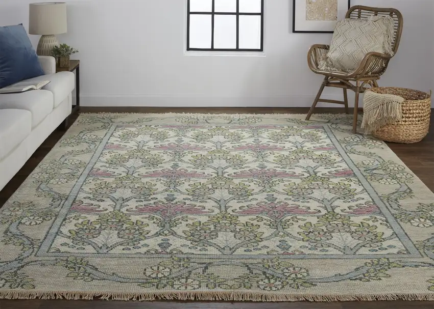 Ivory Gray and Pink Wool Floral Hand Knotted Area Rug Photo 8