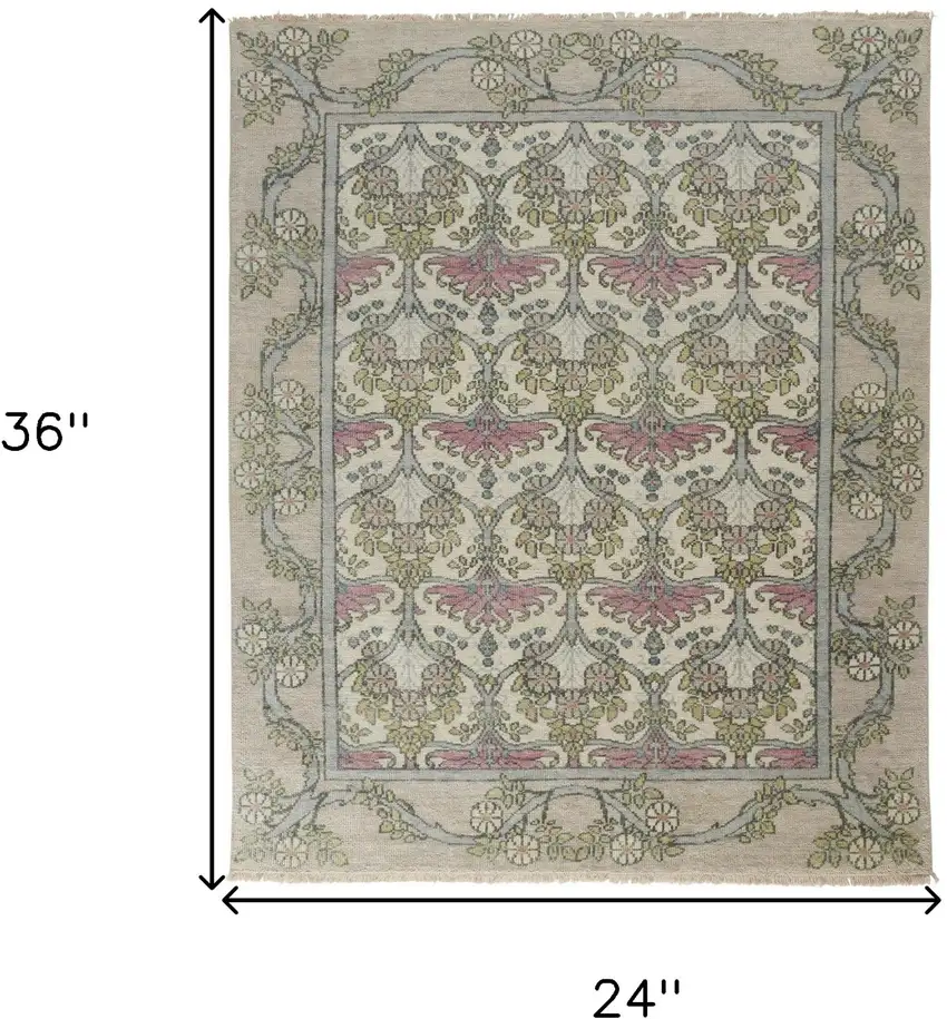 Ivory Gray and Pink Wool Floral Hand Knotted Area Rug Photo 3