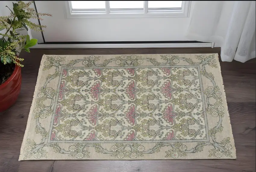 Ivory Gray and Pink Wool Floral Hand Knotted Area Rug Photo 1