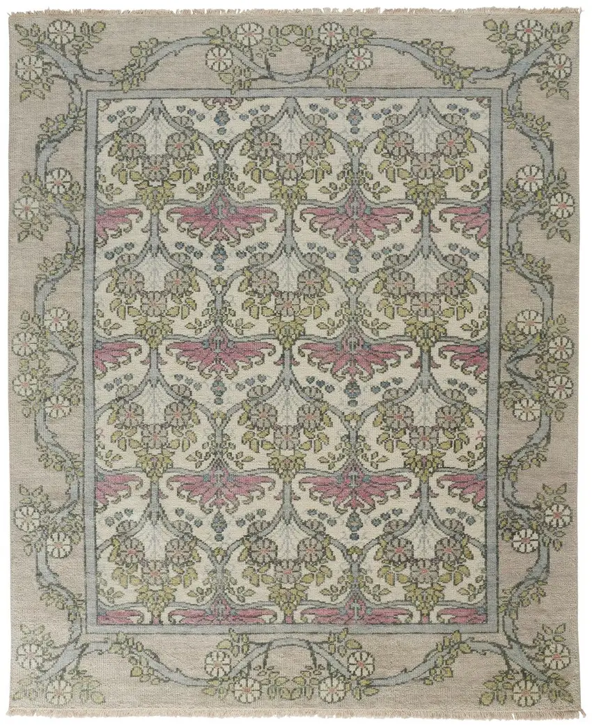 Ivory Gray and Pink Wool Floral Hand Knotted Area Rug Photo 2