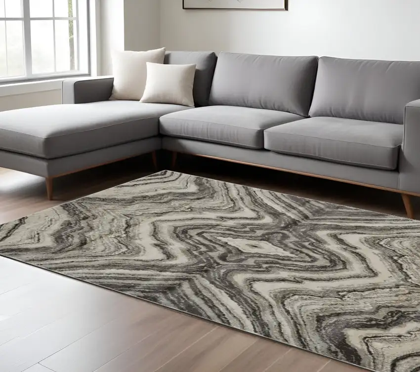 Ivory Gray and Tan Abstract Power Loom Area Rug Photo 1