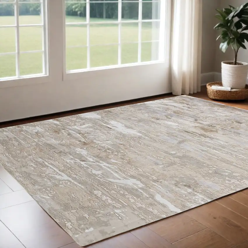 Ivory Gray and Tan Abstract Power Loom Worn Faded Area Rug Photo 1