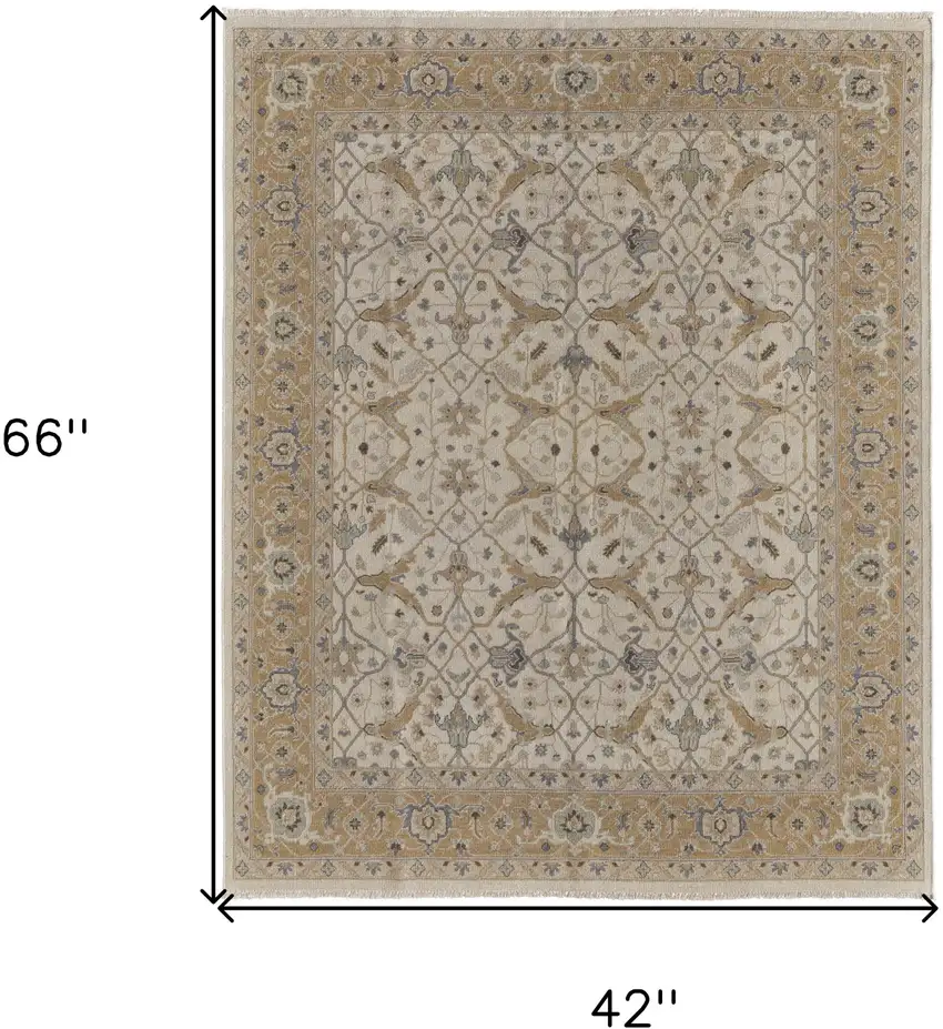 Ivory Gray and Tan Wool Oriental Hand Knotted Area Rug With Fringe Photo 3