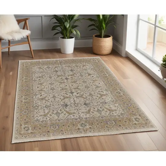 Ivory Gray and Tan Wool Oriental Hand Knotted Area Rug With Fringe Photo 1
