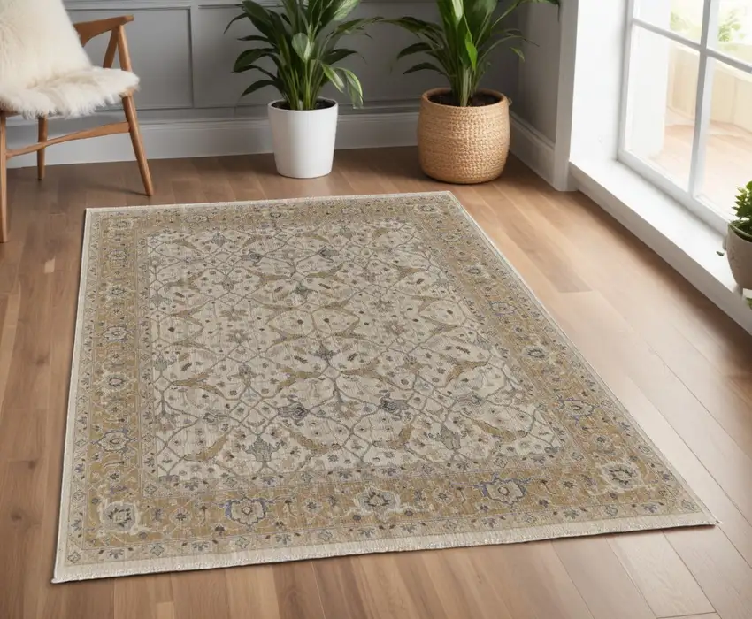 Ivory Gray and Tan Wool Oriental Hand Knotted Area Rug With Fringe Photo 1
