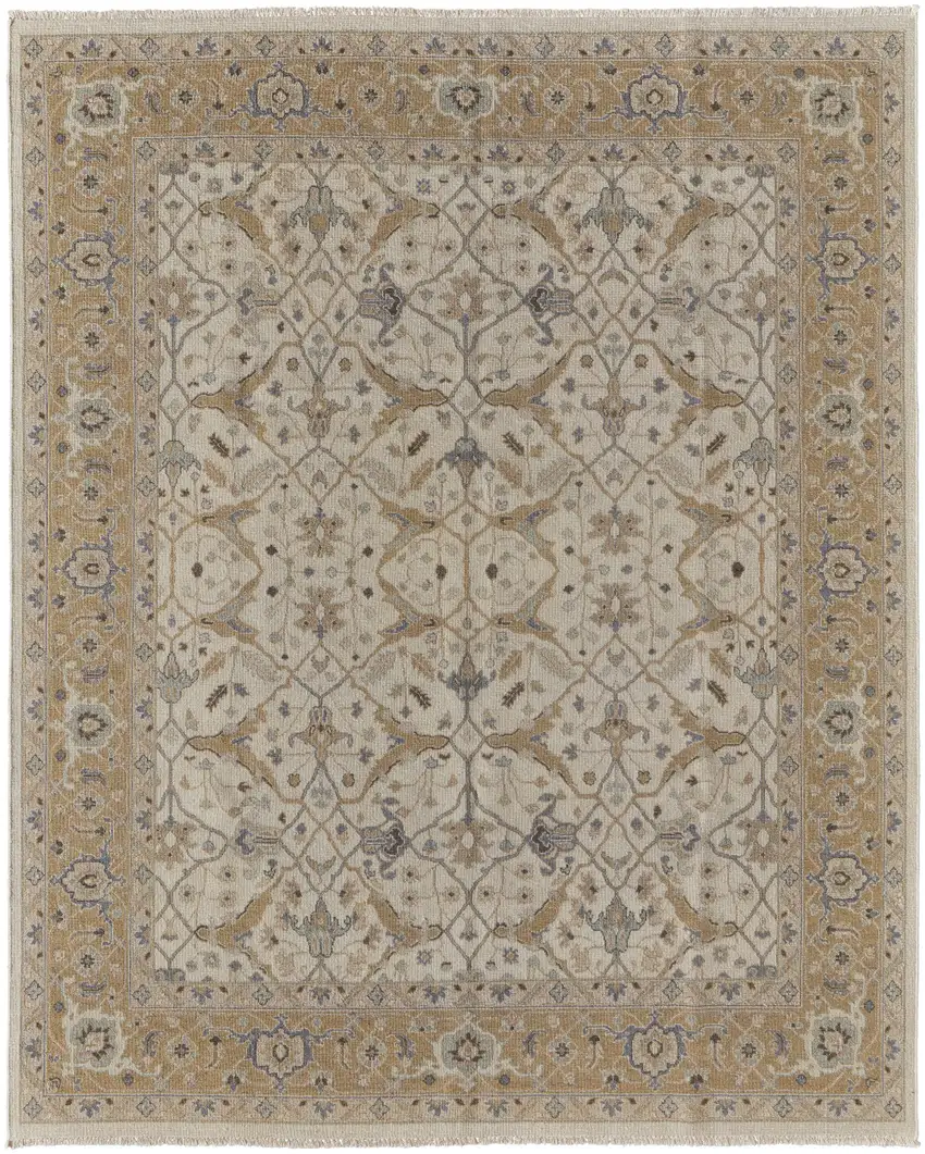 Ivory Gray and Tan Wool Oriental Hand Knotted Area Rug With Fringe Photo 5