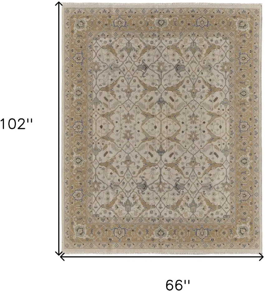 Ivory Gray and Tan Wool Oriental Hand Knotted Area Rug With Fringe Photo 3