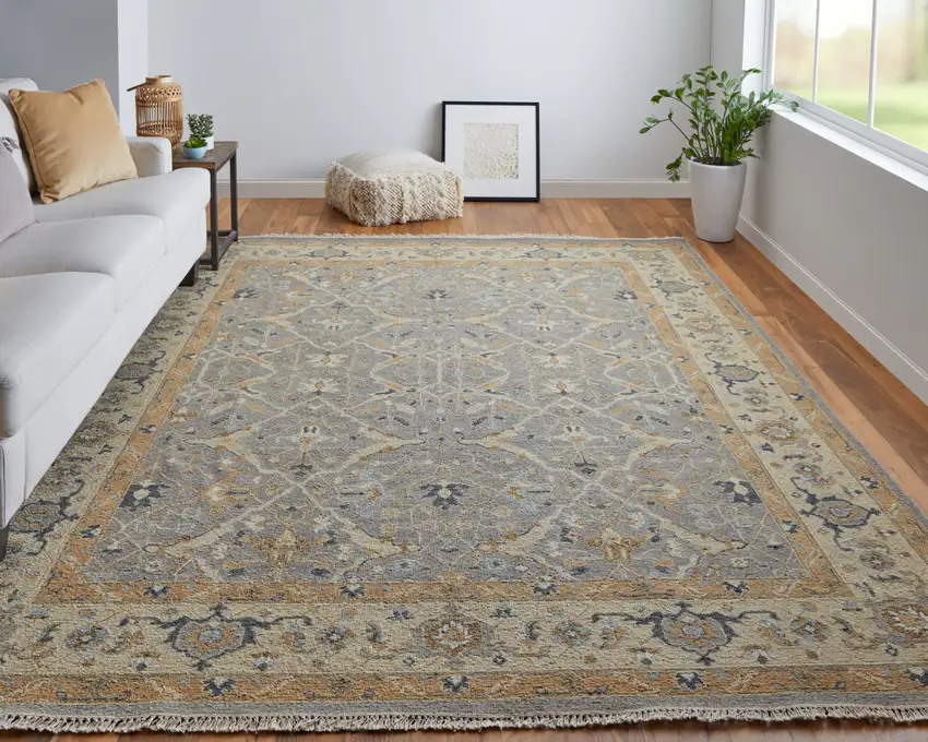 Ivory Gray and Tan Wool Oriental Hand Knotted Area Rug With Fringe Photo 9