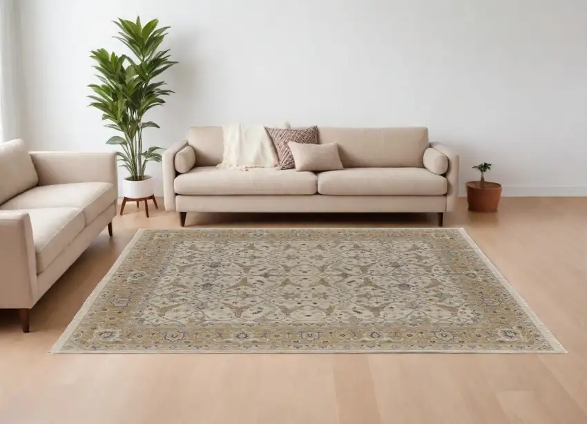 Ivory Gray and Tan Wool Oriental Hand Knotted Area Rug With Fringe Photo 1