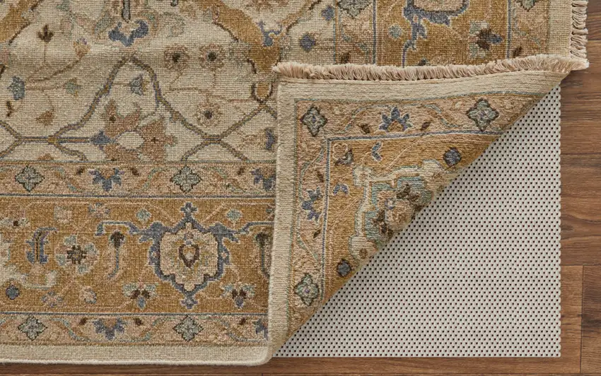Ivory Gray and Tan Wool Oriental Hand Knotted Area Rug With Fringe Photo 7