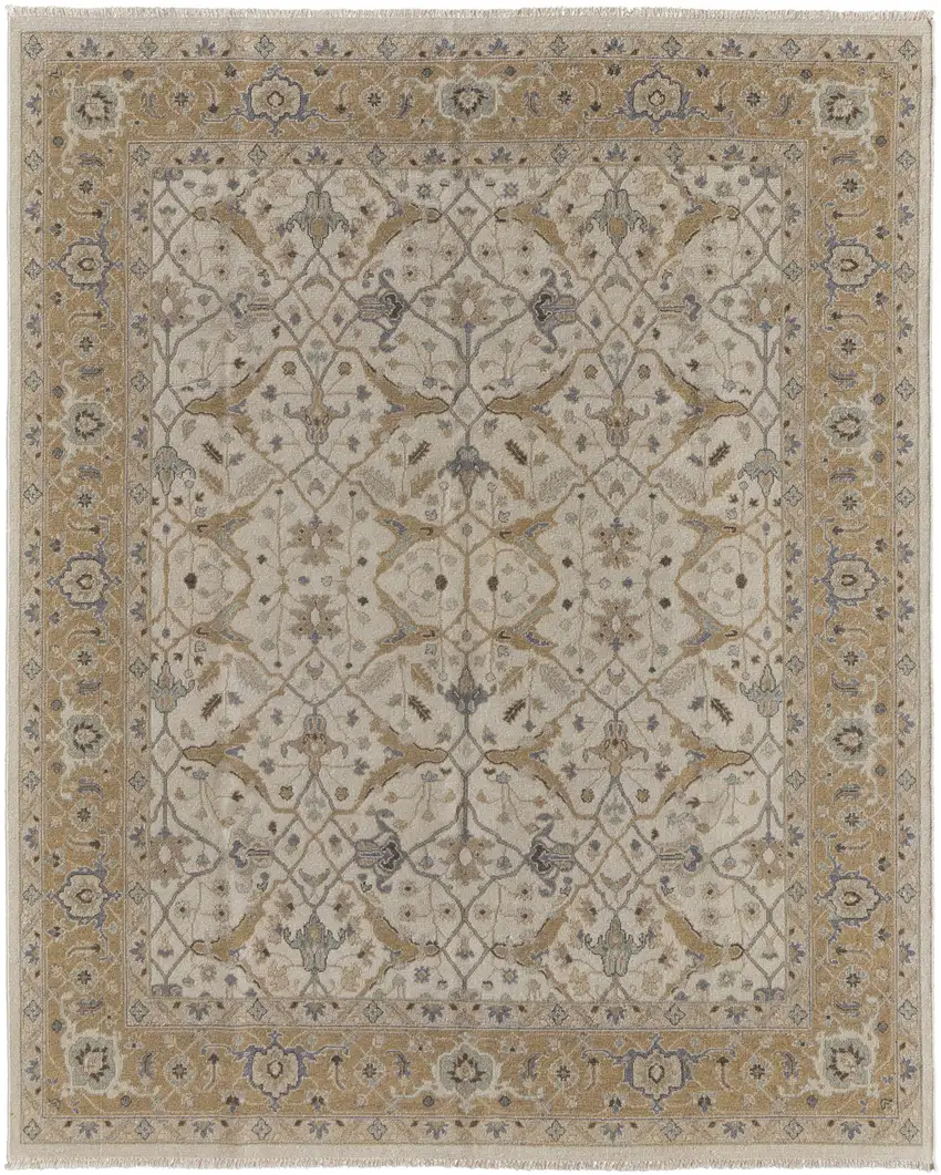 Ivory Gray and Tan Wool Oriental Hand Knotted Area Rug With Fringe Photo 2
