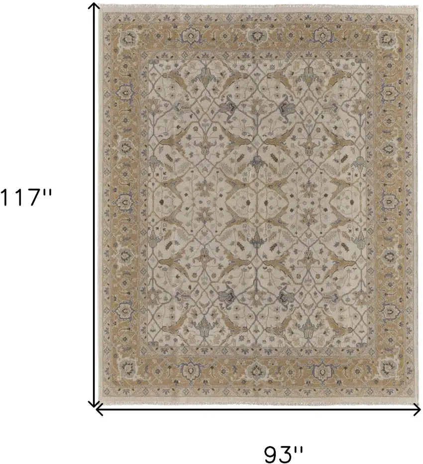Ivory Gray and Tan Wool Oriental Hand Knotted Area Rug With Fringe Photo 3