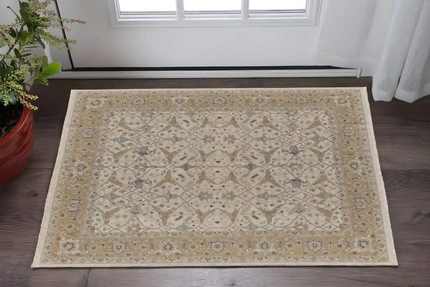 Ivory Gray and Tan Wool Oriental Hand Knotted Area Rug With Fringe Photo 1