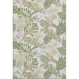 Photo of Ivory Green And Beige Floral Washable Area Rug With UV Protection