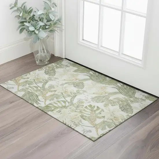 Ivory Green And Beige Floral Washable Area Rug With UV Protection Photo 2