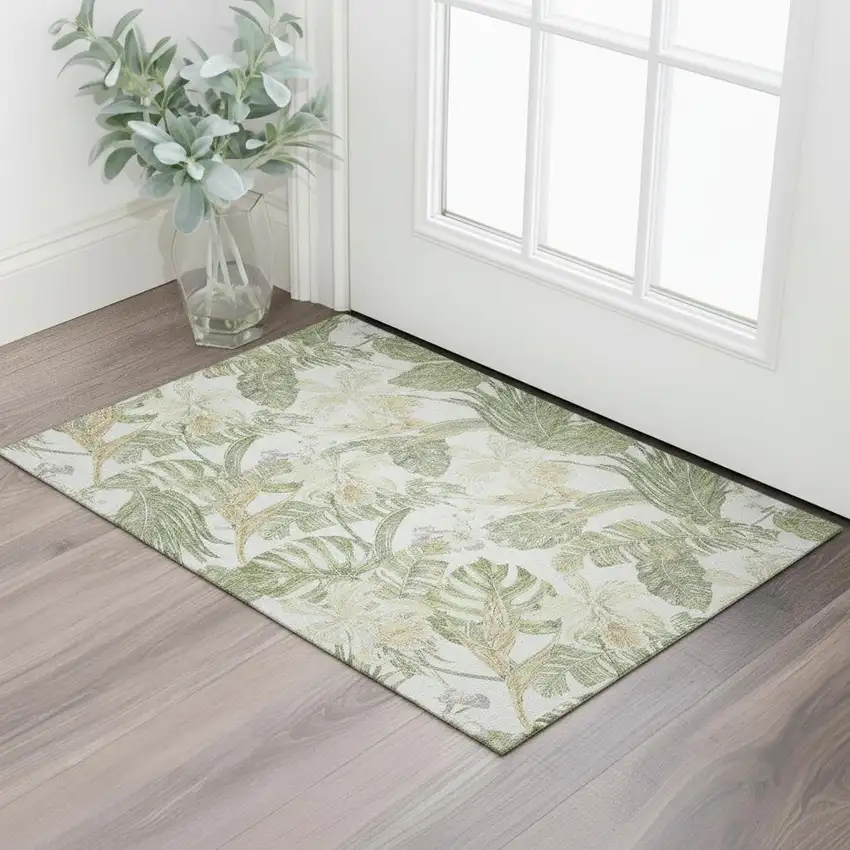 Ivory Green And Beige Floral Washable Area Rug With UV Protection Photo 2