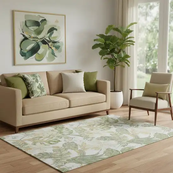 Ivory Green And Beige Floral Washable Area Rug With UV Protection Photo 2