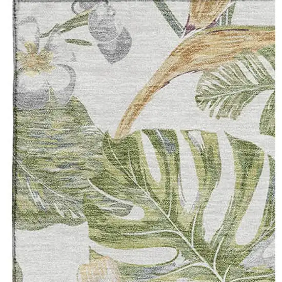 Ivory Green And Beige Floral Washable Area Rug With UV Protection Photo 3
