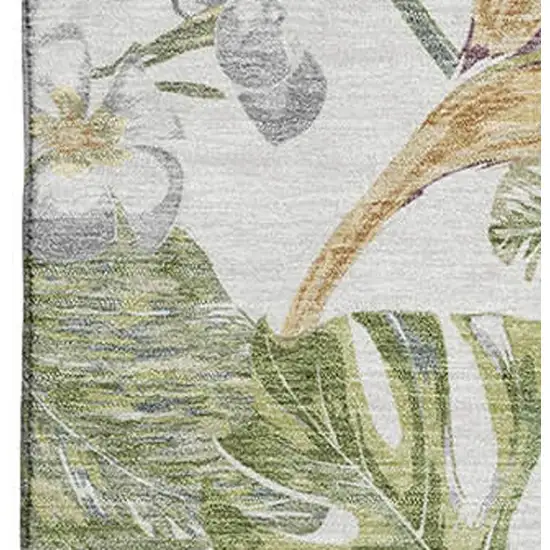 Ivory Green And Beige Floral Washable Area Rug With UV Protection Photo 2