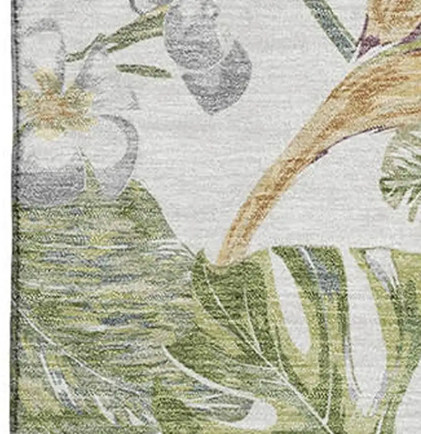 Ivory Green And Beige Floral Washable Area Rug With UV Protection Photo 2