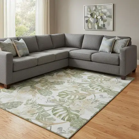 Ivory Green And Beige Floral Washable Area Rug With UV Protection Photo 1