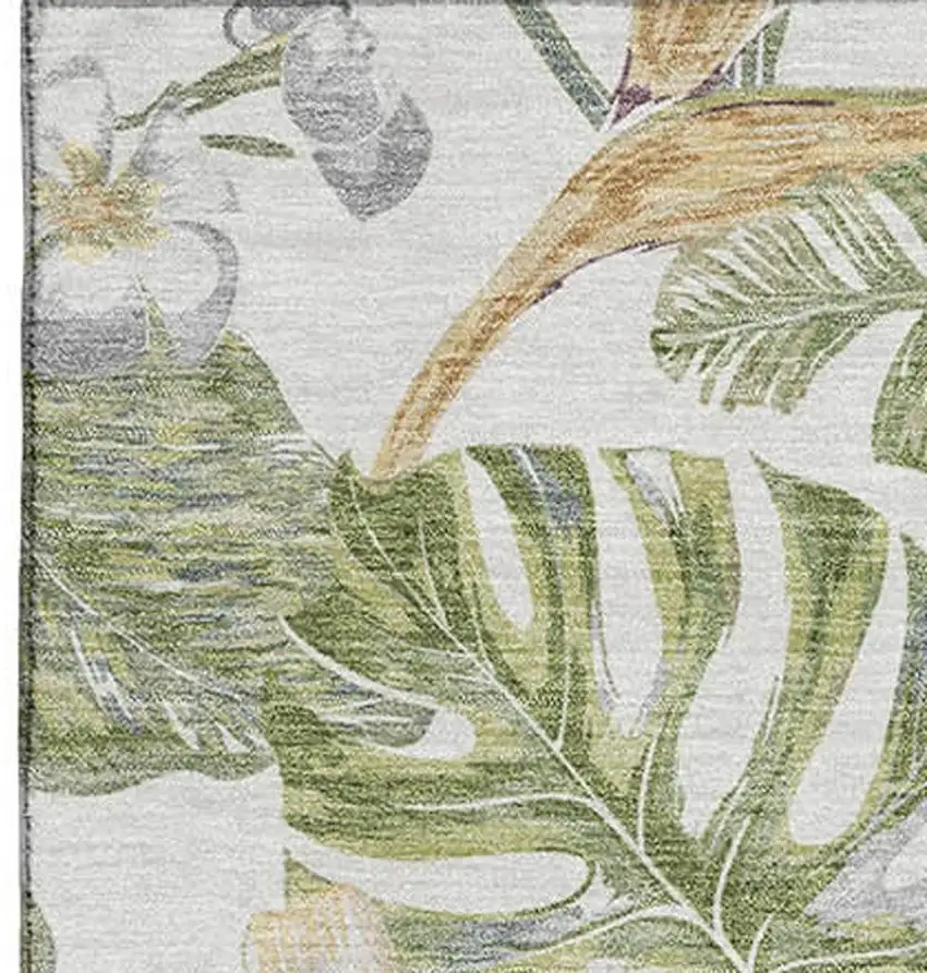 Ivory Green And Beige Floral Washable Area Rug With UV Protection Photo 4