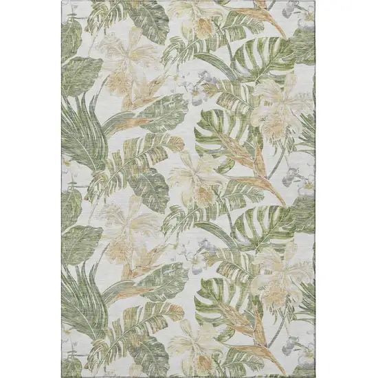 Ivory Green And Beige Floral Washable Area Rug With UV Protection Photo 2