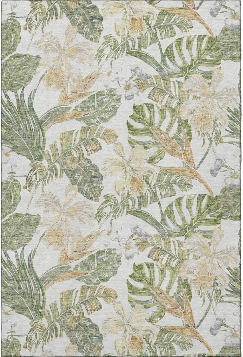 Ivory Green And Beige Floral Washable Area Rug With UV Protection Photo 2