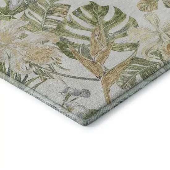 Ivory Green And Beige Floral Washable Area Rug With UV Protection Photo 6