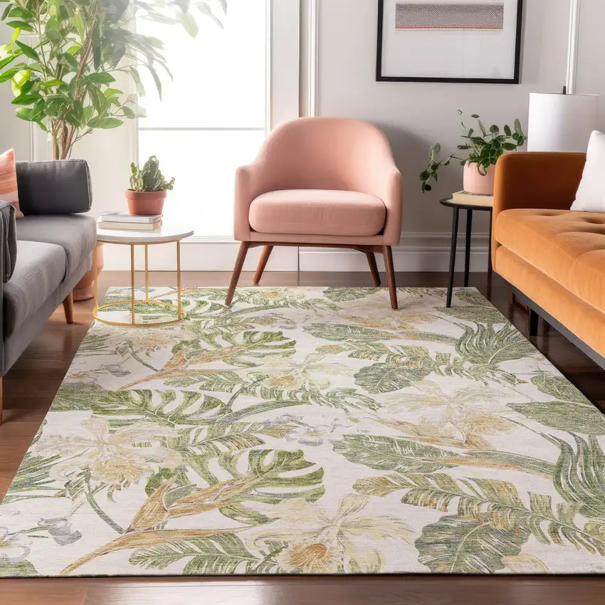 Ivory Green And Beige Floral Washable Area Rug With UV Protection Photo 4