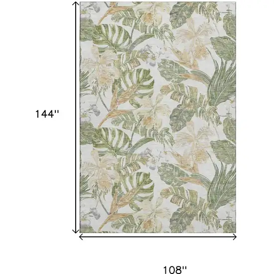 Ivory Green And Beige Floral Washable Area Rug With UV Protection Photo 9