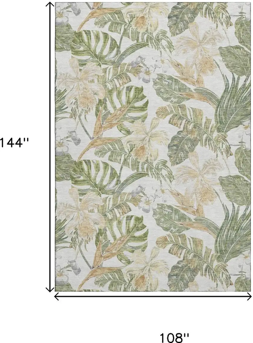 Ivory Green And Beige Floral Washable Area Rug With UV Protection Photo 9