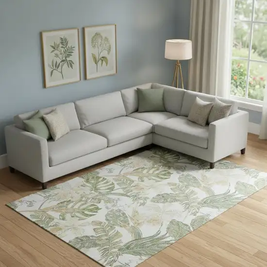 Ivory Green And Beige Floral Washable Area Rug With UV Protection Photo 2